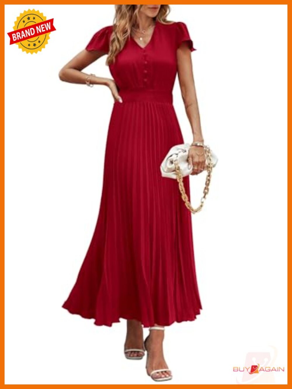 Women's Maxi Dress Pleated V Neck Cap Sleeve Flowy Summer Casual